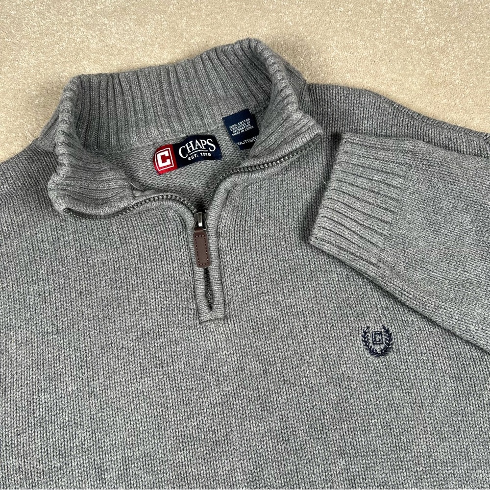 Chaps 100% Cotton Gray Mock Neck‎ Quarter Zip Knit Crest Logo Sweater Men's XXL